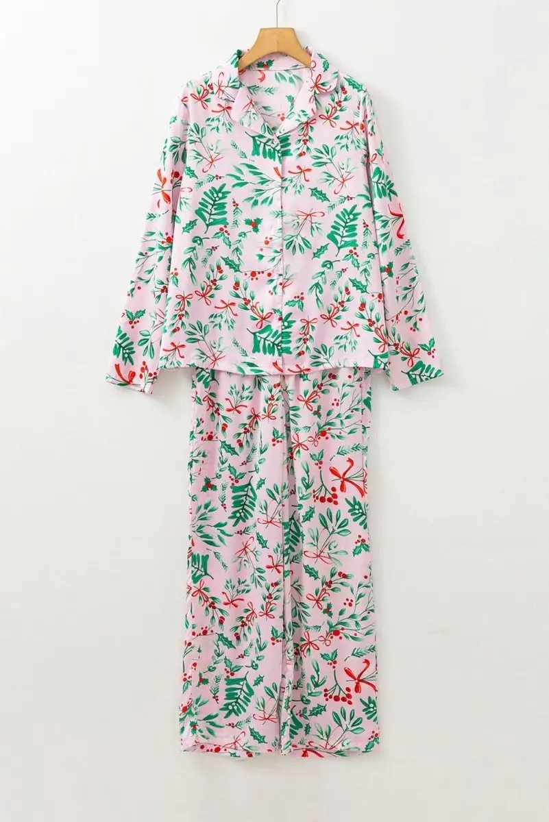 Pink Christmas Berries Plant Print Satin Long Sleeve Pajama Set - Love Salve